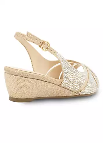 Paradox London Champagne Wide Fit Glitter Sling Back Wedge Sandals | Grattan