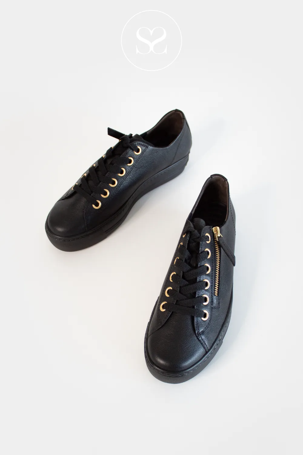 PAUL GREEN 5006 BLACK/GOLD LEATHER FLATFORM TRAINERS