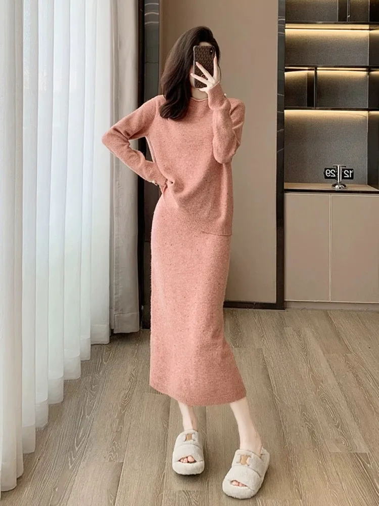 Pink knitted skirt suit for women in autumn and winter, fashionable street style, age-reducing temperament, high-end sweater, ha