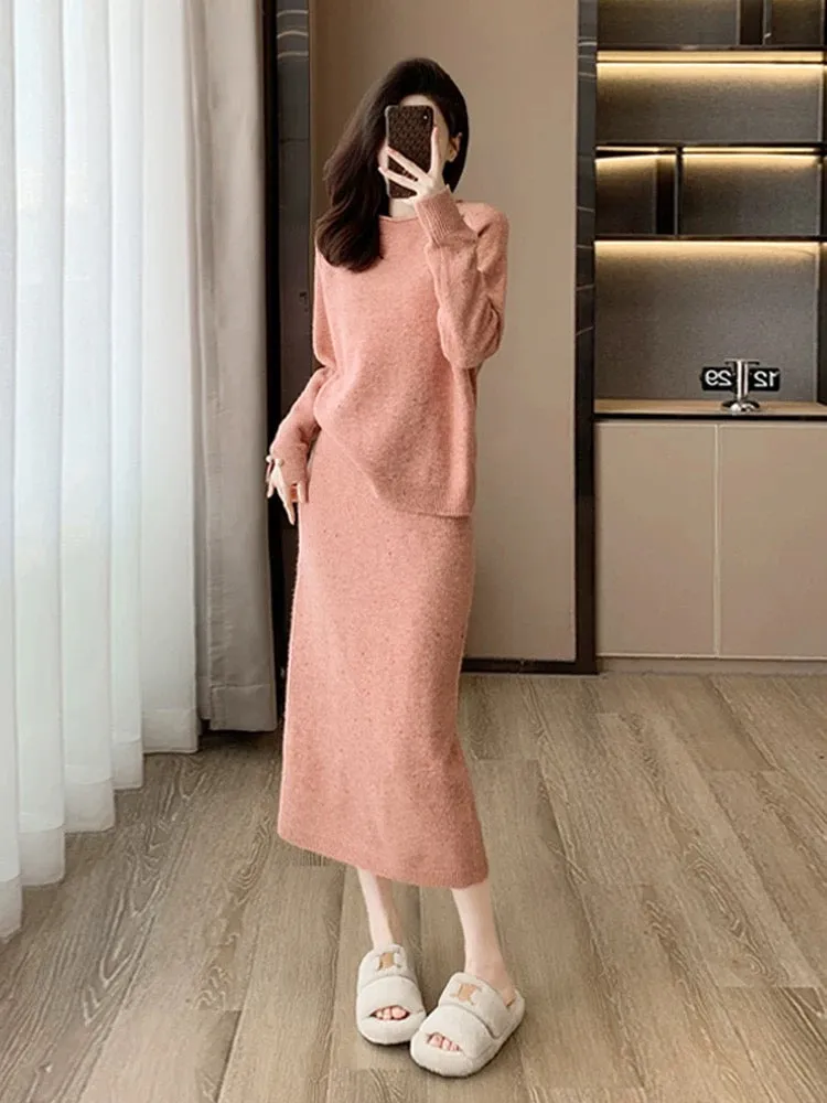 Pink knitted skirt suit for women in autumn and winter, fashionable street style, age-reducing temperament, high-end sweater, ha