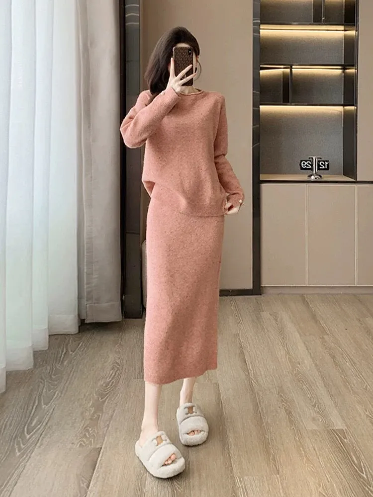 Pink knitted skirt suit for women in autumn and winter, fashionable street style, age-reducing temperament, high-end sweater, ha