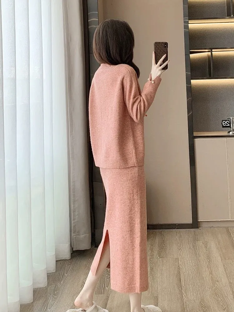 Pink knitted skirt suit for women in autumn and winter, fashionable street style, age-reducing temperament, high-end sweater, ha