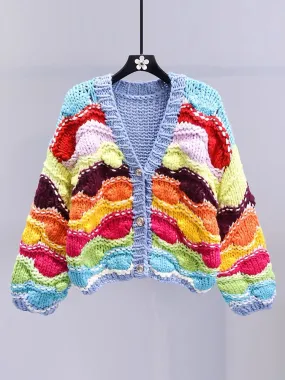 Purely hand-woven colorful spliced sweater jacket for women autumn and winter 2023 new loose lazy style knitted cardigan