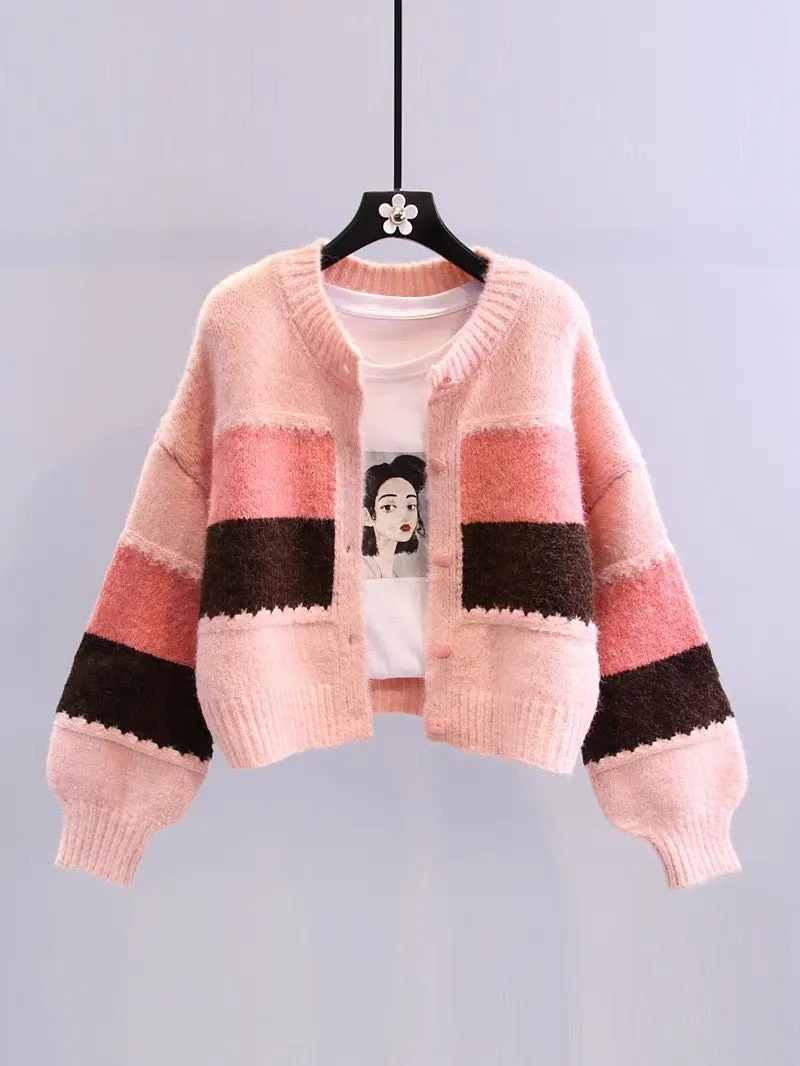 Retro Hong Kong style contrast color sweater jacket for women autumn and winter 2023 new Japanese style loose outer wear short k