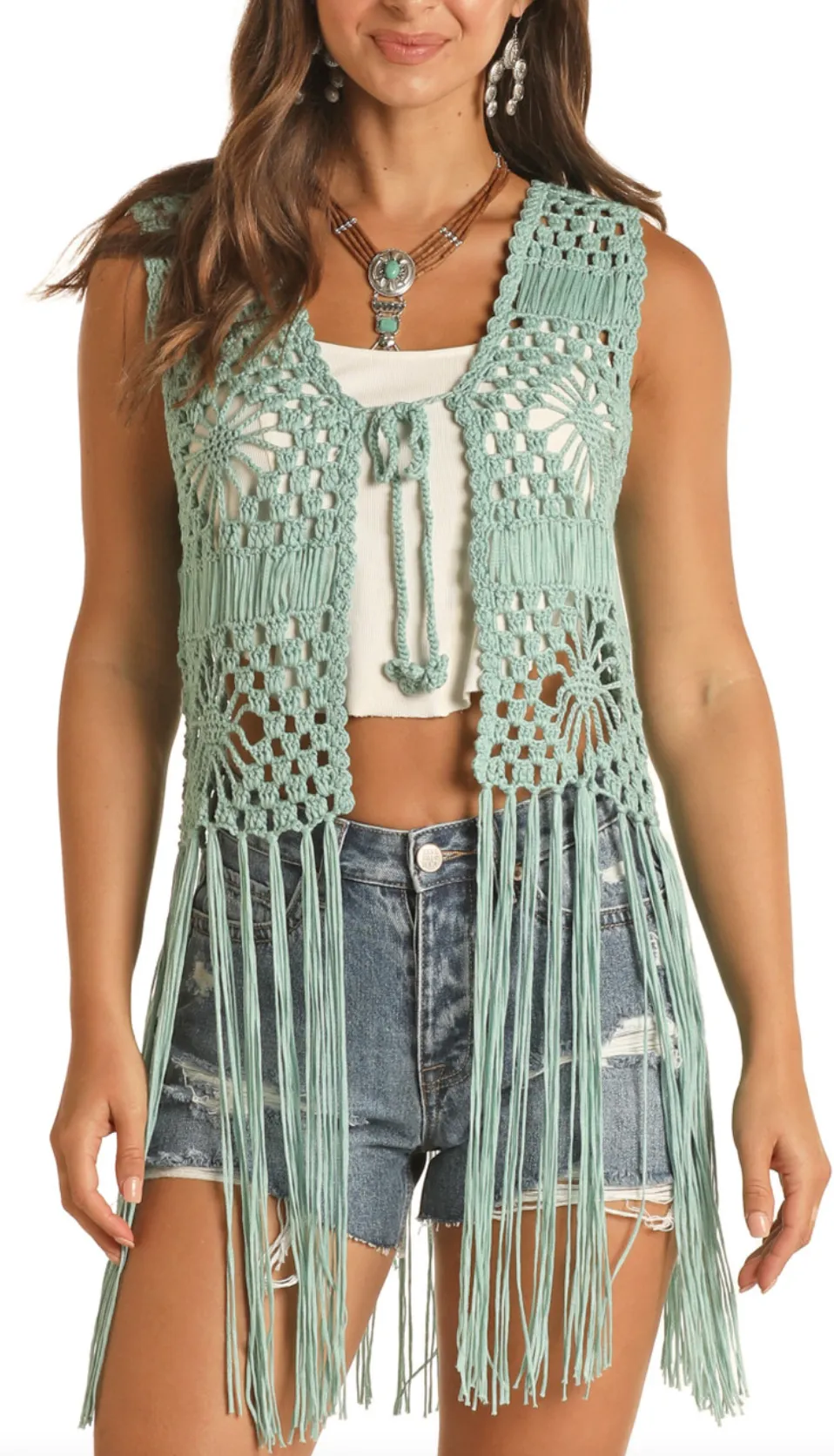 RRWT38R0ZG - Rock&Roll Denim Women's Crochet Vest With Fringe