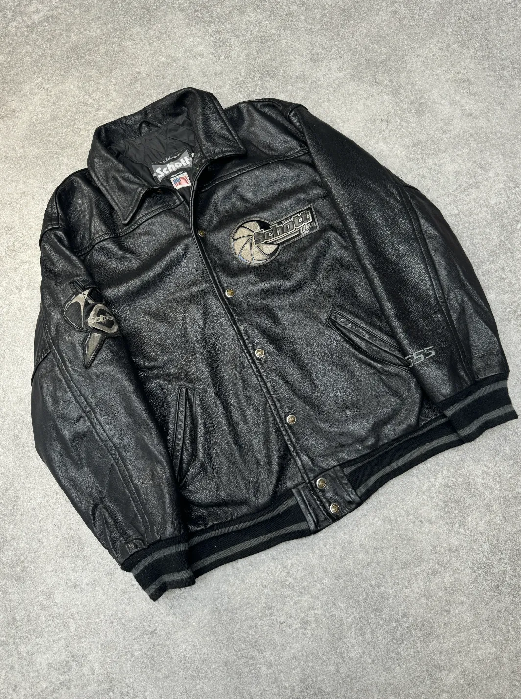 Schott U.S.A Black Arrow Logo Embroidered Leather Versity Jacket