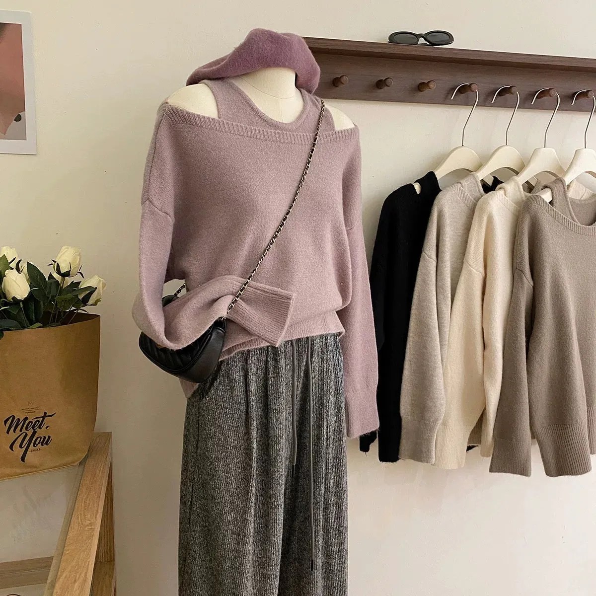 Senna Evening Breeze ~ Gentle, relaxed and high-end two-piece sweater set for women autumn vest one-shoulder blouse knitted top