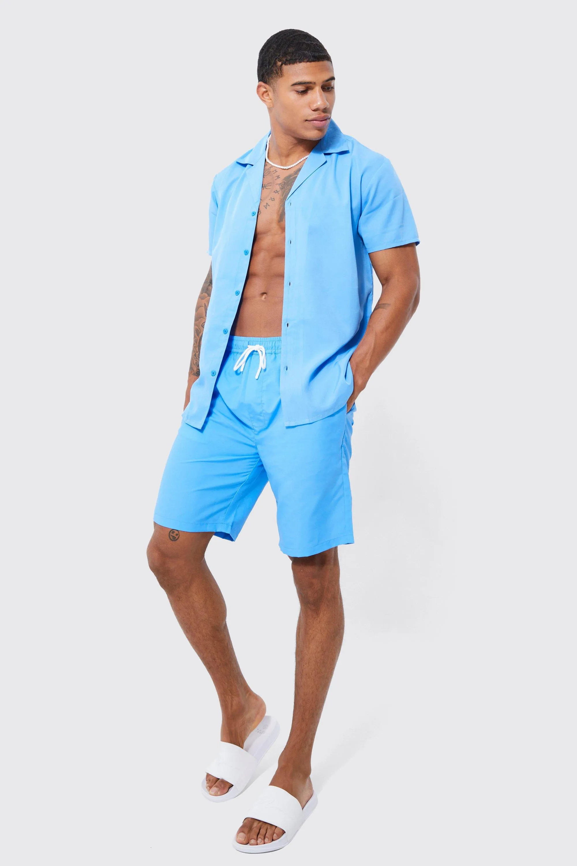 Short Sleeve Revere Plain Shirt & Short Swim Set | boohooMAN UK