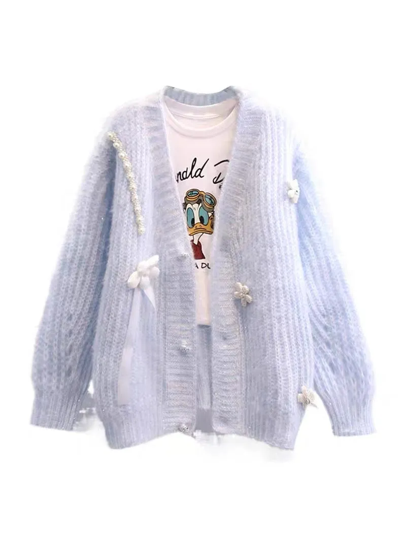 Small fresh beaded design sense sweater jacket women 2023 spring new loose lazy style knitted cardigan