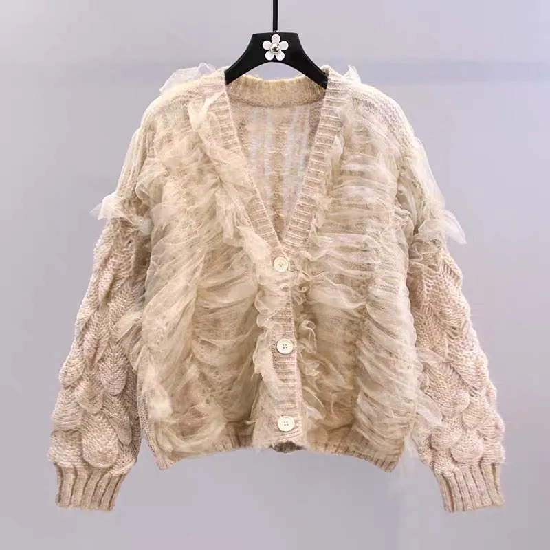 Small fresh mesh design sweater jacket female early autumn 2023 new Korean version loose western style knitted cardigan