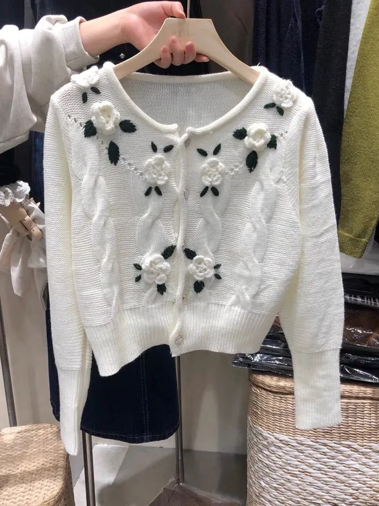 South Korea's Dongdaemun New French Retro Handmade Crochet Heavy Industry Three-dimensional Flower Cardigan