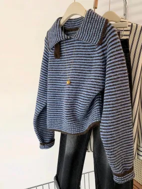 Striped lapel pullover short sweater for women in autumn and winter, outer wear and inner wear 2024 new knitted top for small pe