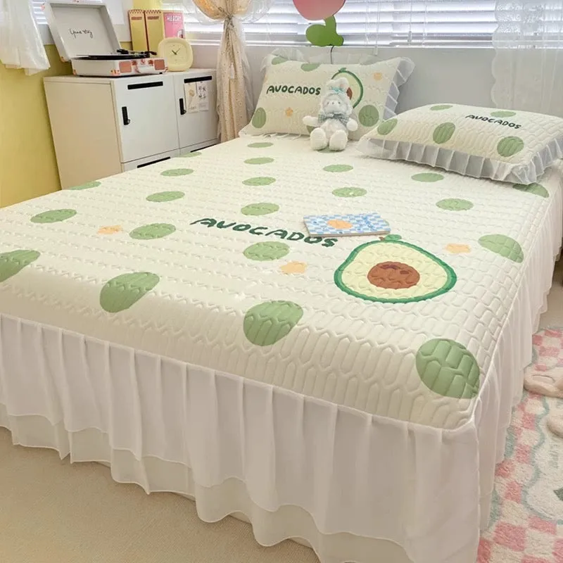 Summer printed bed skirt latex ice silk mat three-piece set princess style bed sheet air conditioning mattress mat machine washa