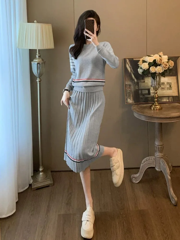 Temperament Korean style high-end fashion fashionable casual knitted sweater half skirt two-piece suit women's autumn clothing