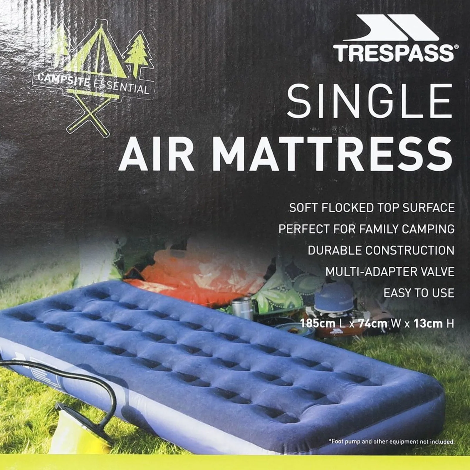 Trespass Flocked Blimp Single Air Bed Mattress - 185cm X 74cm X 13cm