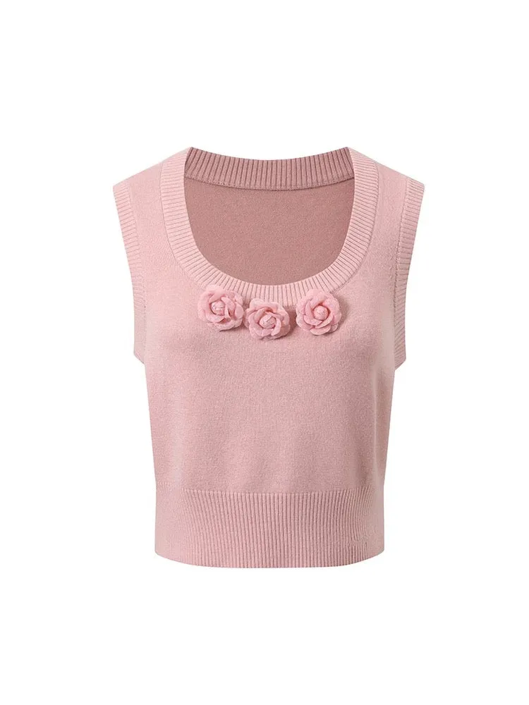 Underpass original design French flower lazy style U-neck small outer sleeveless vest thin woolen sweater