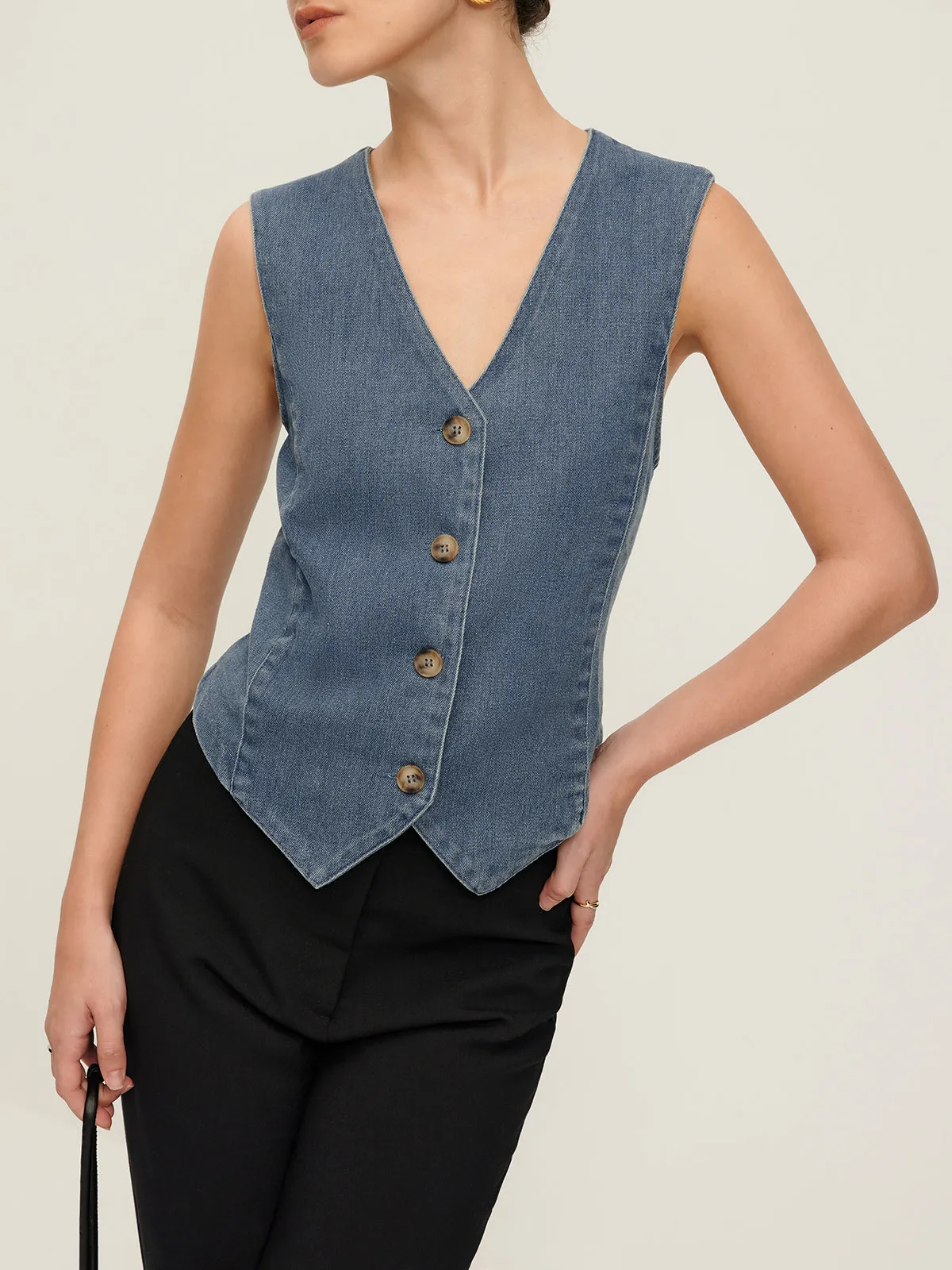 V-Neck Piping Button Denim Vest