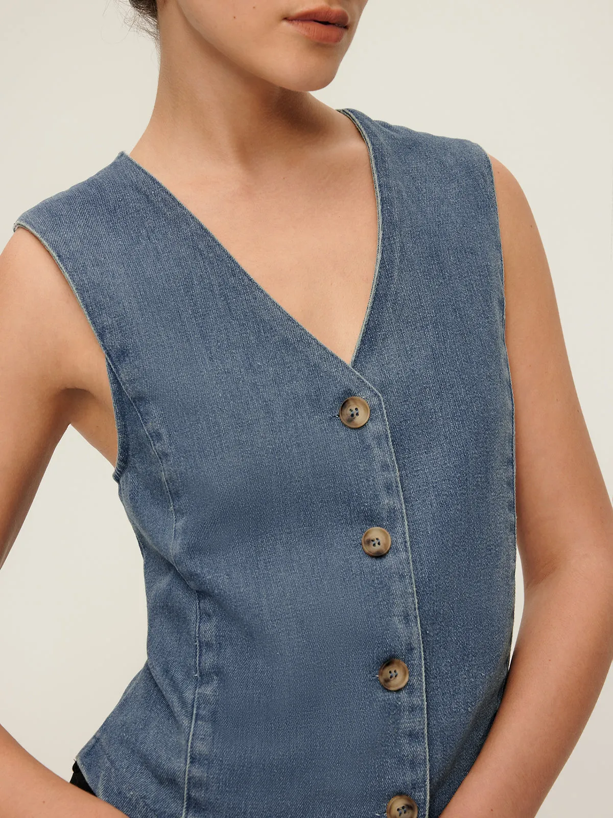 V-Neck Piping Button Denim Vest