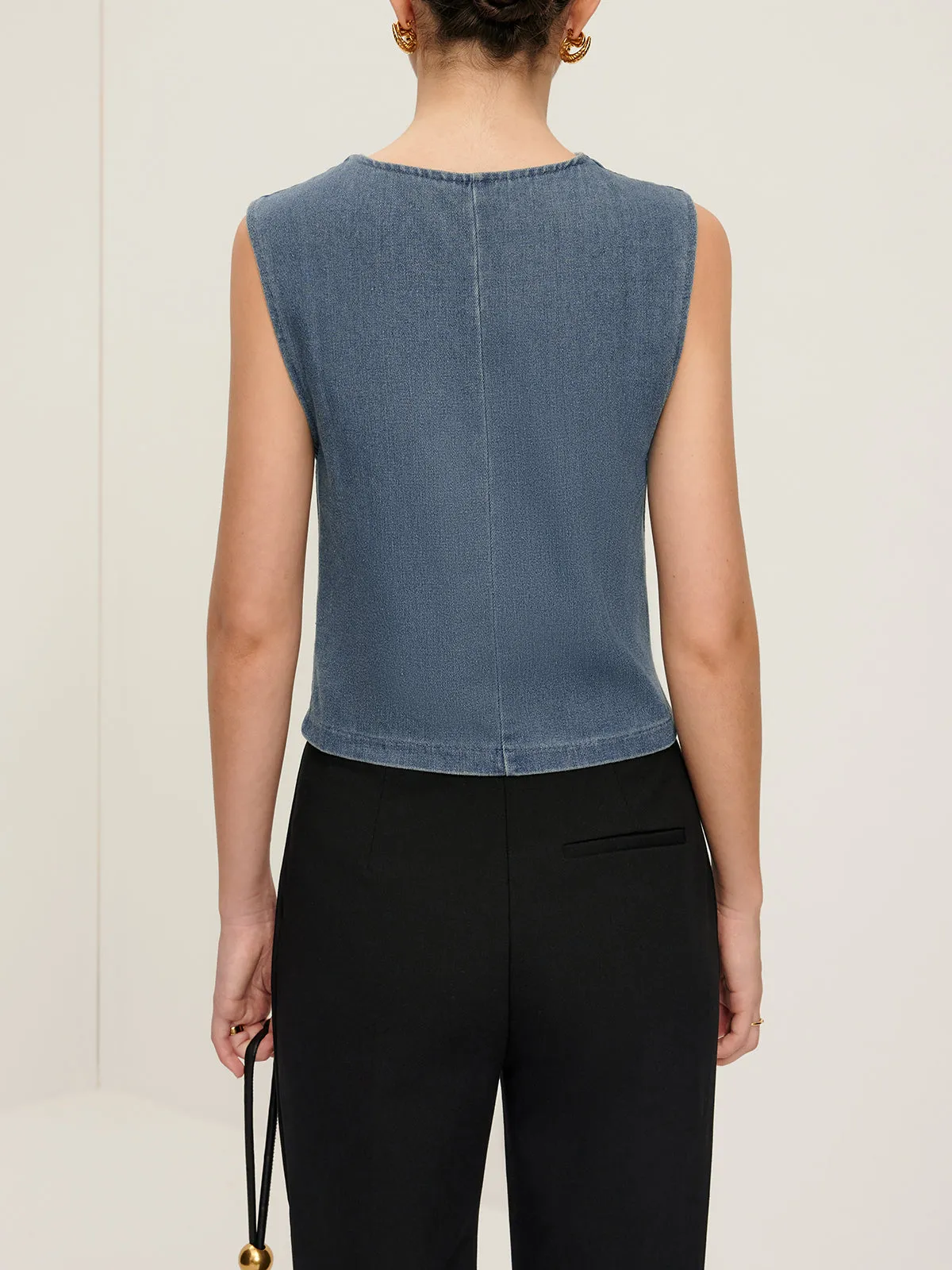 V-Neck Piping Button Denim Vest