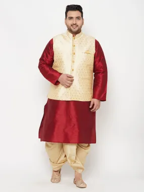 VASTRAMAY PLUS Men's Gold Zari Weaved Nehru Jacket With Kurta Dhoti set