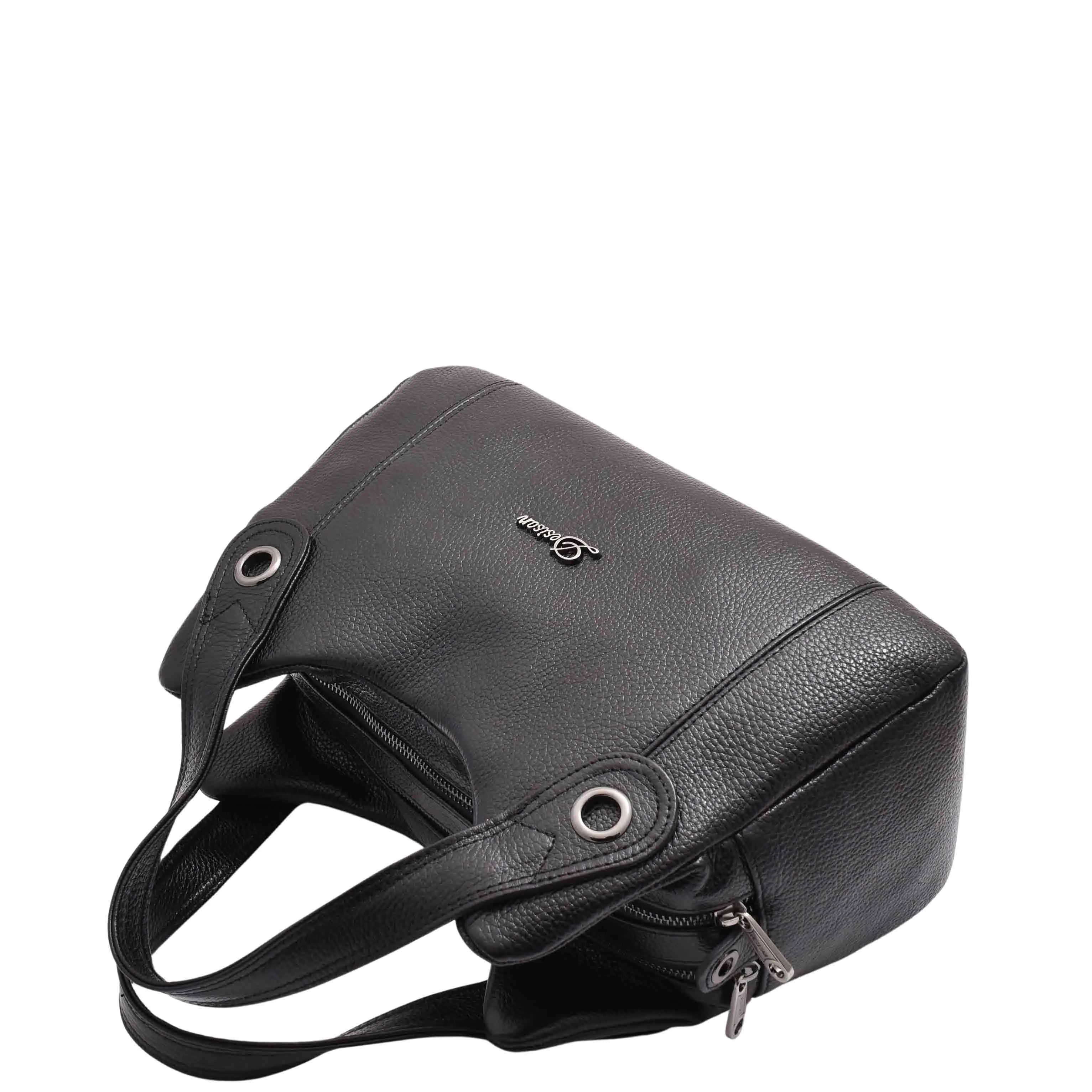 Womens Grained Leather Shoulder Bag Zip Small Size Handbag Daisy Black