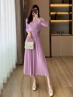 Xiaoxiangfeng fashionable temperament high-end casual purple knitted sweater pleated skirt two-piece suit for women in autumn an