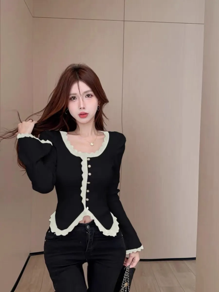 Xiaoxiangfeng puff sleeve knitted cardigan women's autumn and winter trumpet sleeve short top design niche bottoming shirt jacke