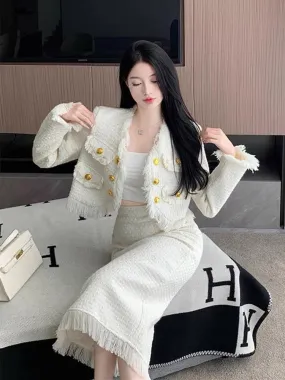 Xiaoxiangfeng suit for women in autumn new long-sleeved tassel cardigan jacket + high waist hip skirt two-piece trendy set (A999