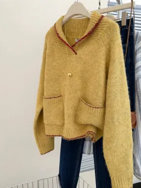 Yellow lapel pullover sweater for women in autumn and winter, outer wear and inner wear 2024 new popular style lazy style knitte